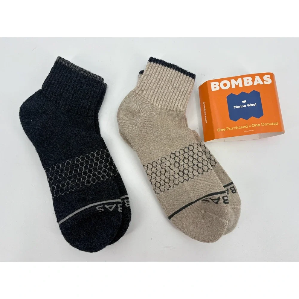 Bombas 2 Pairs Merino Wool Midweight Quarter Socks Beige & Navy, Large, NEW